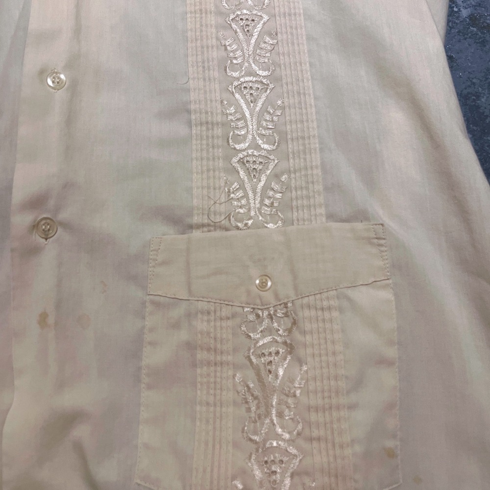 Guayabera Yucateca Mens XL Short Sleeve Embroidered Permanent Press Shirt Beige - Picture 3 of 11